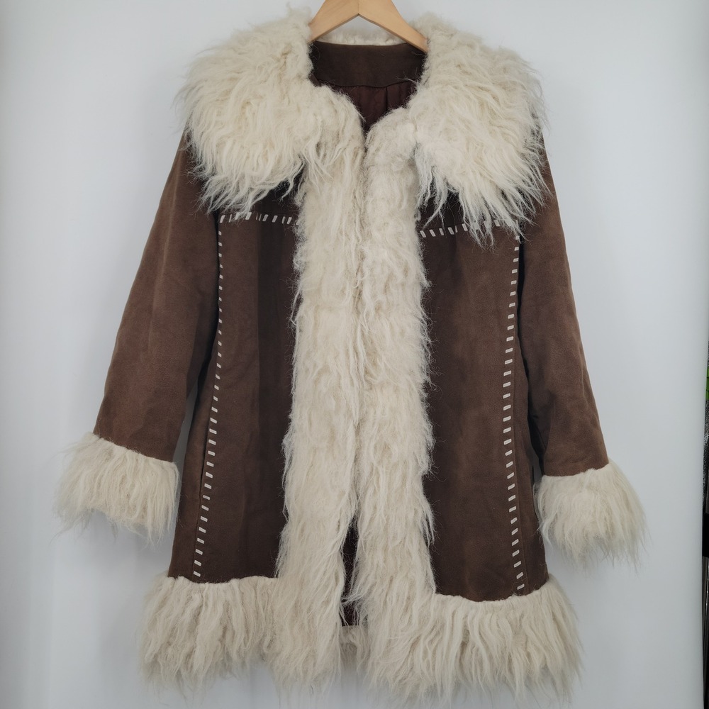 Vintage Penny Lane Coat Women M L Brown Faux Suede Shaggy Faux Fur Trim Boho 70s